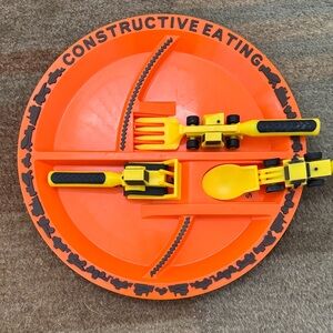 Orange Construction Plate and Utensils Set